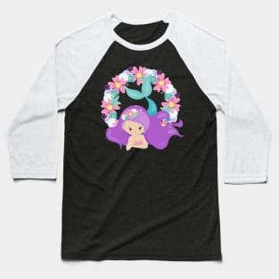 Cute Mermaid, Little Mermaid, Purple Hair, Flowers Baseball T-Shirt